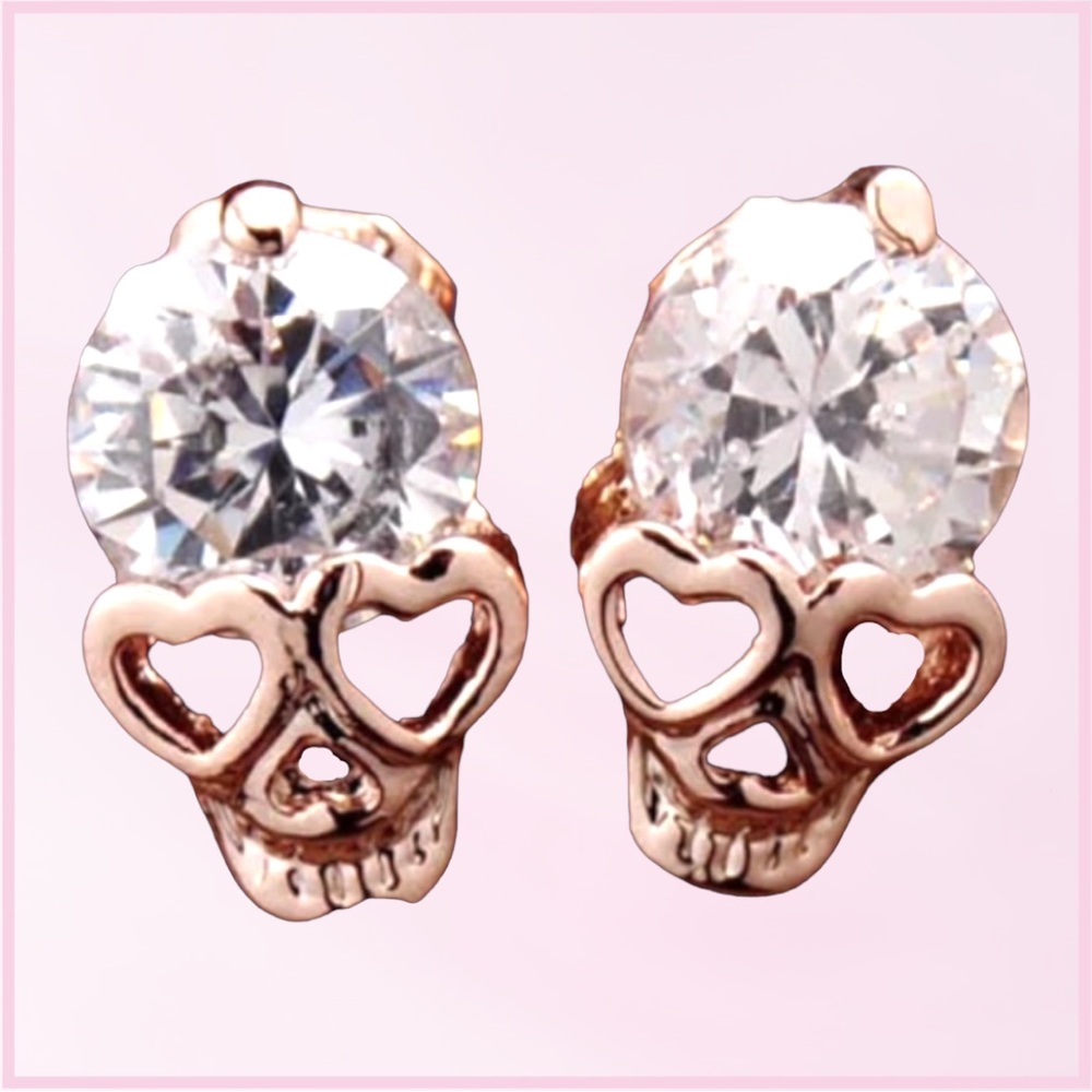 Crystal Skull Heart Rose Gold Toned Earrings - Picture 8 of 8